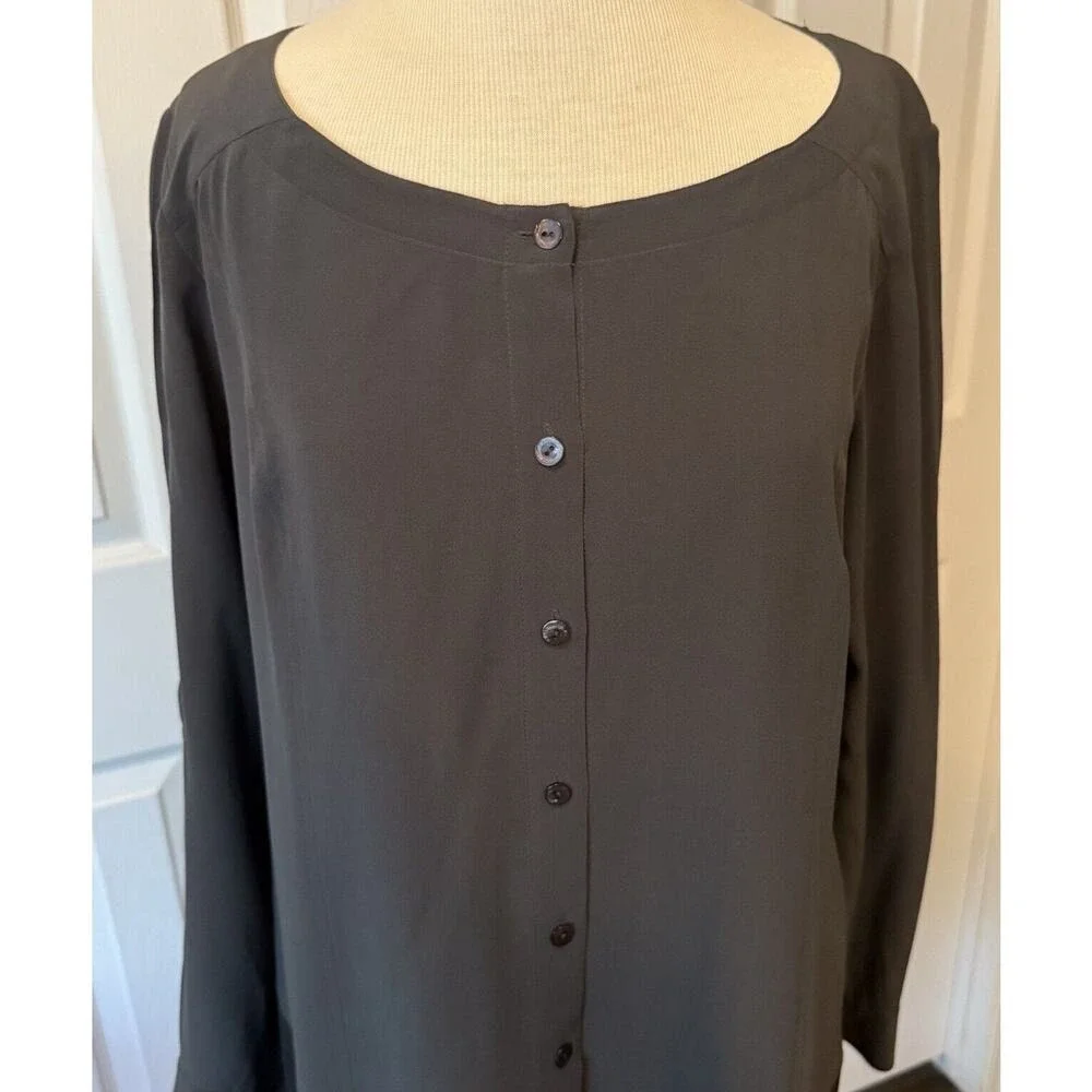 Eileen Fisher Dress Women Small 100% Silk Gray/Black Roll Tab Sleeve Oversize‎
